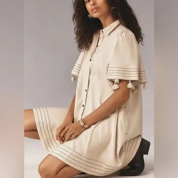 NWT Anthropologie Maeve Collared Linen Blend Button-Front Tassel Mini Dress Med - Picture 5 of 6